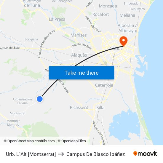 Urb. L´Alt [Montserrat] to Campus De Blasco Ibáñez map