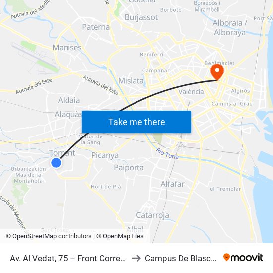 Av. Al Vedat, 75 – Front Correos [Torrent] to Campus De Blasco Ibáñez map