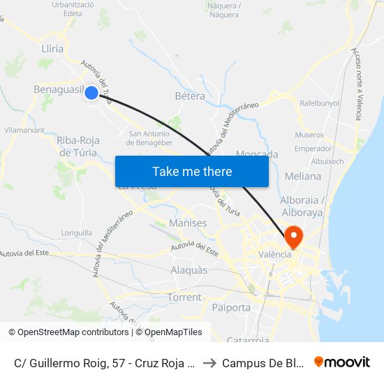 C/ Guillermo Roig, 57 - Cruz Roja [La Pobla De Vallbona] to Campus De Blasco Ibáñez map