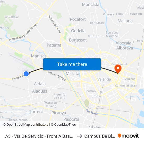 A3 - Vía De Servicio - Front A Base Aérea [Quart De Poblet] to Campus De Blasco Ibáñez map