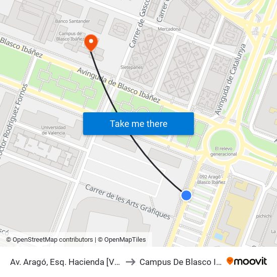 Av. Aragó, Esq. Hacienda [València] to Campus De Blasco Ibáñez map