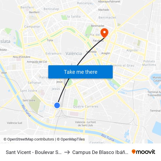 Sant Vicent  - Boulevar Sur to Campus De Blasco Ibáñez map