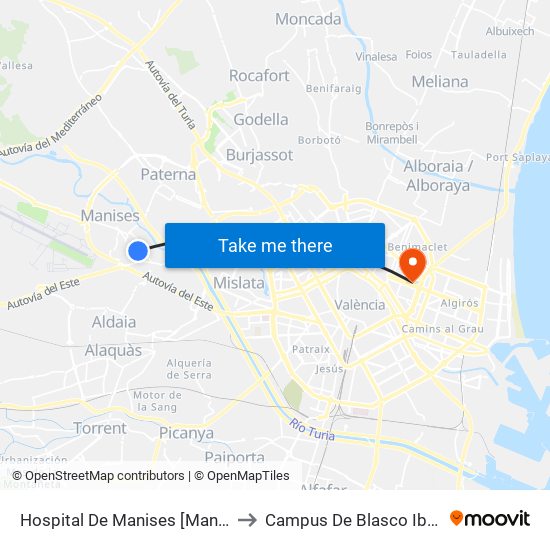 Hospital De Manises [Manises] to Campus De Blasco Ibáñez map