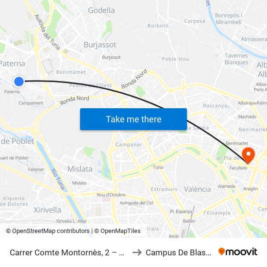 Carrer Comte Montornès, 2 – Palau [Paterna] to Campus De Blasco Ibáñez map