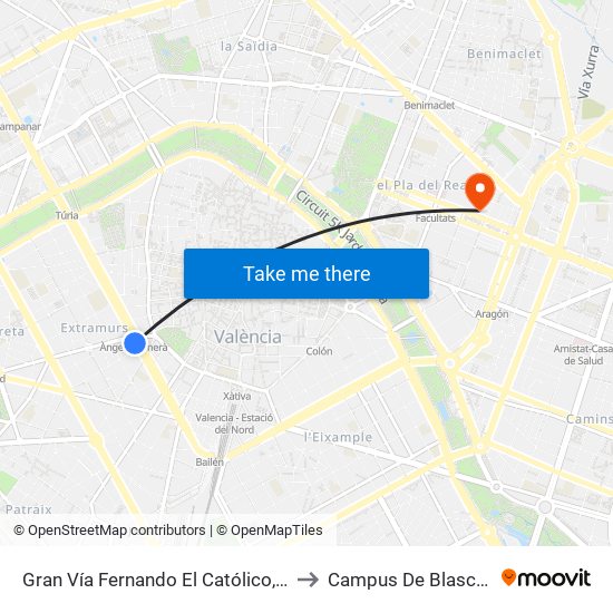 Gran Vía Fernando El Católico, 9 [València] to Campus De Blasco Ibáñez map
