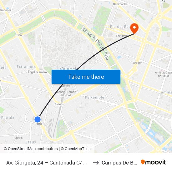 Av. Giorgeta, 24 – Cantonada C/ Mora De Rubielos [València] to Campus De Blasco Ibáñez map