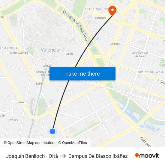 Joaquín Benlloch - Oltà to Campus De Blasco Ibáñez map