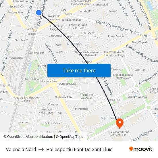 Valencia Nord to Poliesportiu Font De Sant Lluís map