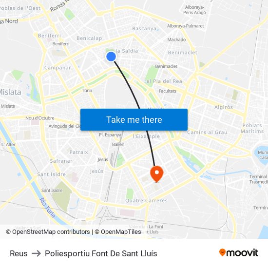 Reus to Poliesportiu Font De Sant Lluís map