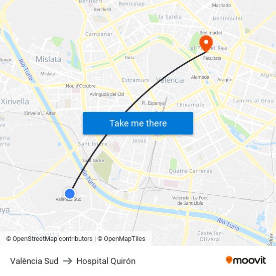 València Sud to Hospital Quirón map