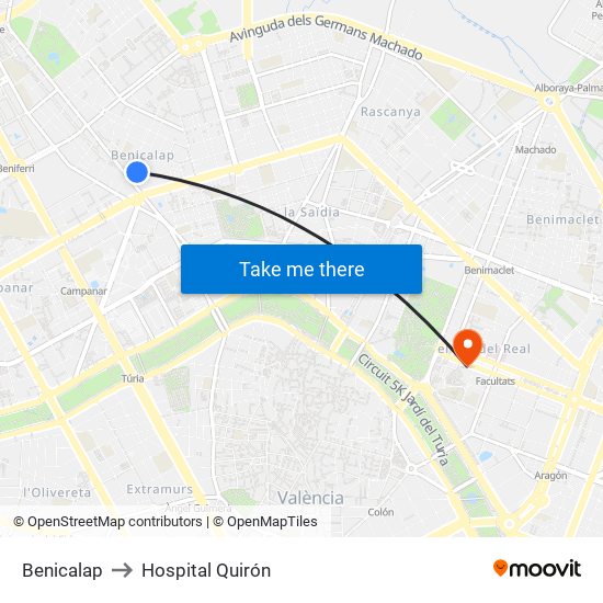 Benicalap to Hospital Quirón map