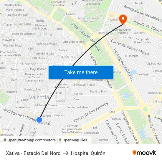 Xàtiva - Estació Del Nord to Hospital Quirón map