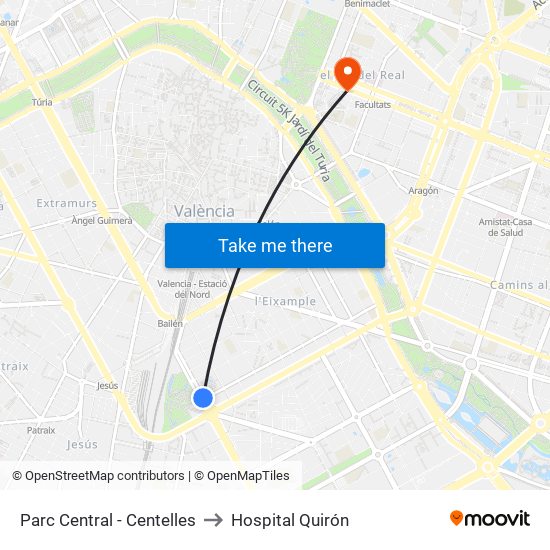 Parc Central - Centelles to Hospital Quirón map