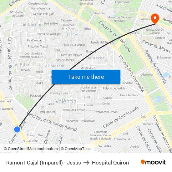 Ramón Y Cajal (Imparell) - Jesús to Hospital Quirón map