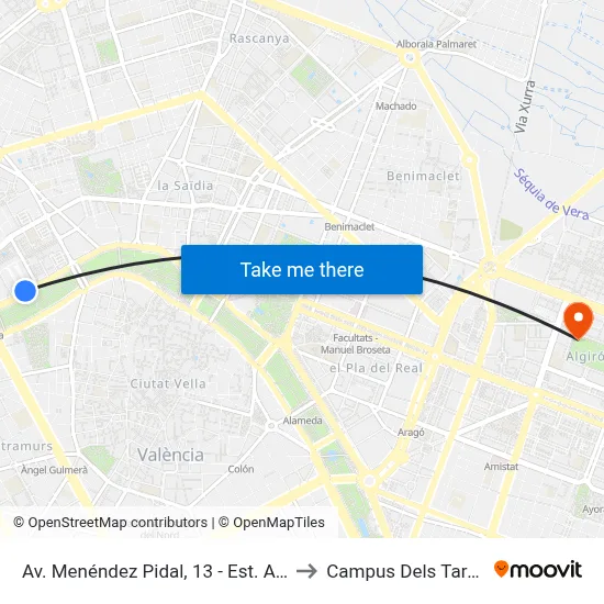Av. Menéndez Pidal, 13 - Est. Autobusos to Campus Dels Tarongers map