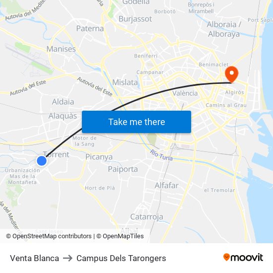 Venta Blanca to Campus Dels Tarongers map