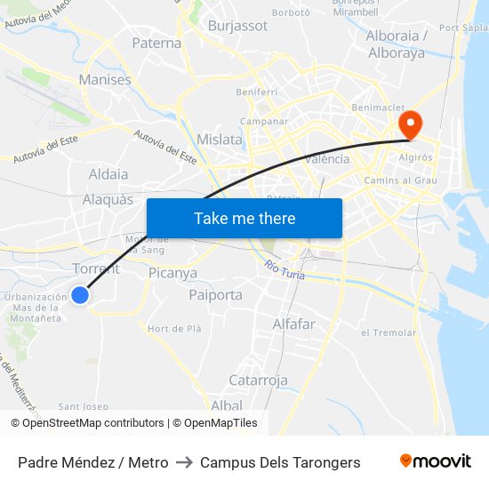 Padre Méndez / Metro to Campus Dels Tarongers map