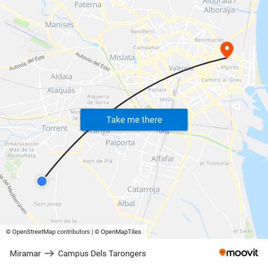 Miramar to Campus Dels Tarongers map
