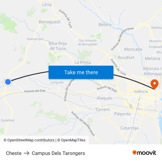 Cheste to Campus Dels Tarongers map