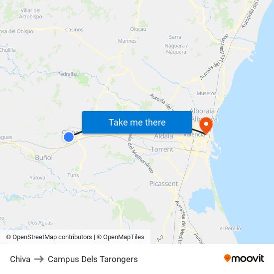 Chiva to Campus Dels Tarongers map