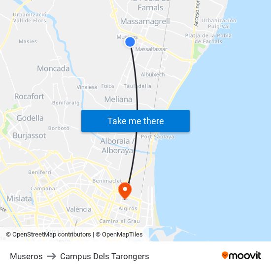 Museros to Campus Dels Tarongers map