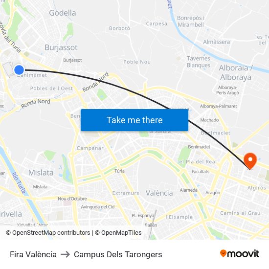 Fira València to Campus Dels Tarongers map