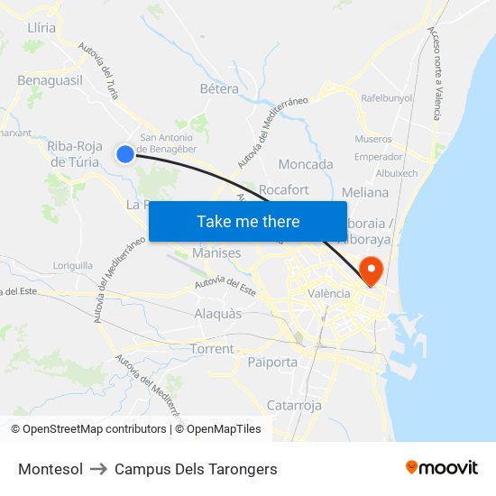 Montesol to Campus Dels Tarongers map