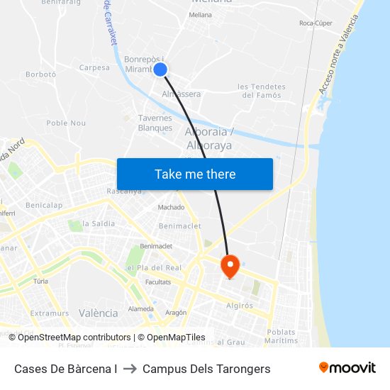 Cases De Bàrcena I to Campus Dels Tarongers map