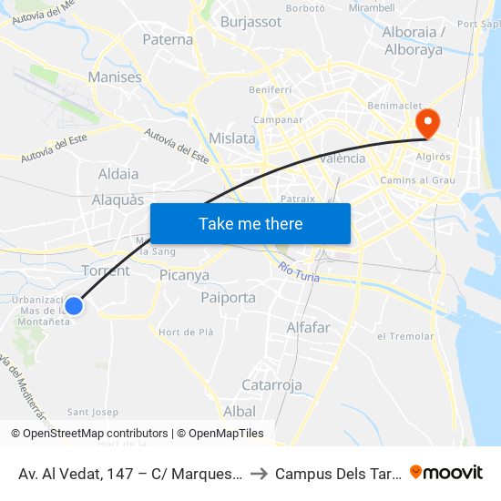 Av. Al Vedat, 147 – C/ Marquesat [Torrent] to Campus Dels Tarongers map