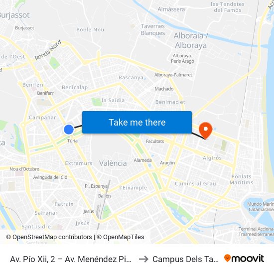 Av. Pío Xii, 2 – Av. Menéndez Pidal [València] to Campus Dels Tarongers map