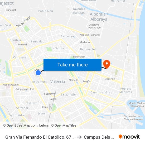 Gran Vía Fernando El Católico, 67 - Quart [València] to Campus Dels Tarongers map
