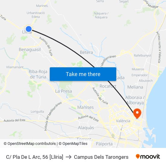 C/ Pla De L Arc, 56 [Llíria] to Campus Dels Tarongers map