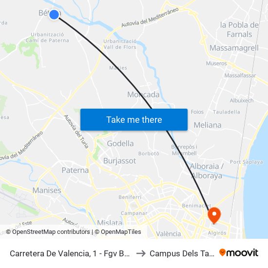 Carretera De Valencia, 1 - Fgv Bétera [Bétera] to Campus Dels Tarongers map