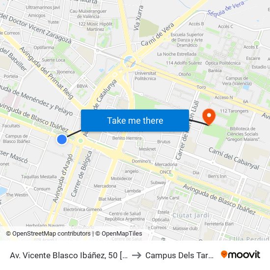 Av. Vicente Blasco Ibáñez, 50 [València] to Campus Dels Tarongers map
