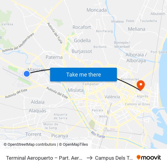 Terminal Aeropuerto – Part. Aeroport [Manises] to Campus Dels Tarongers map