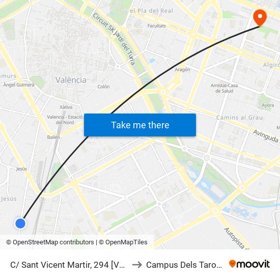 C/ Sant Vicent Martir, 294 [València] to Campus Dels Tarongers map