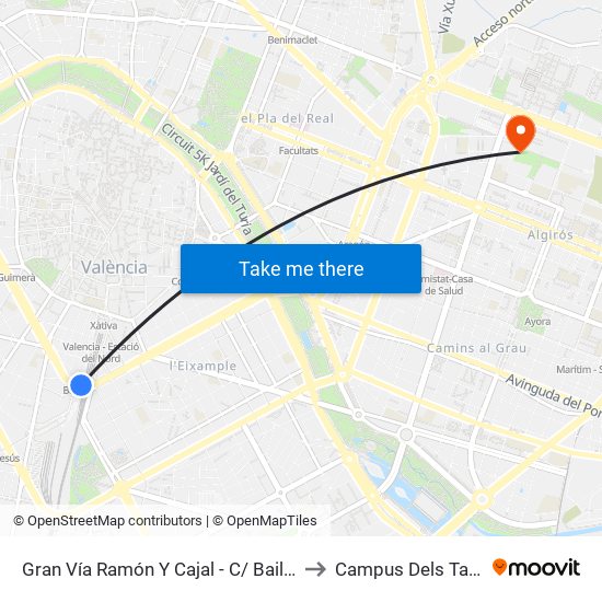 Gran Vía Ramón Y Cajal - C/ Bailén [València] to Campus Dels Tarongers map
