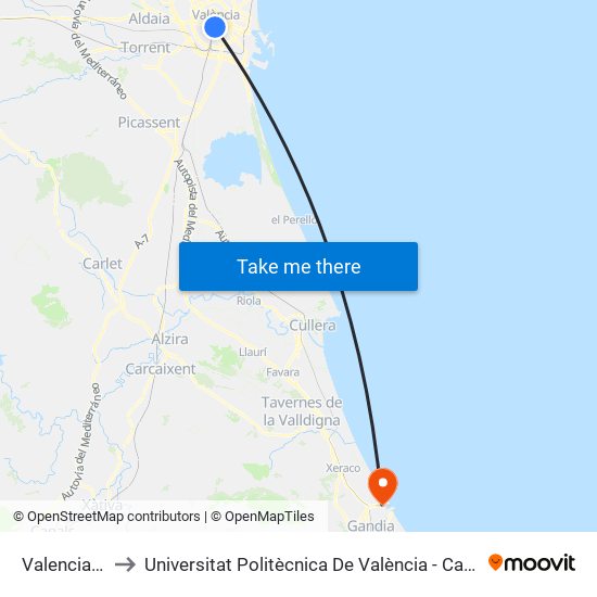 Valencia Nord to Universitat Politècnica De València - Campus De Gandia map