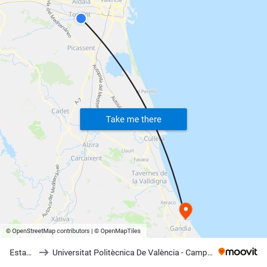 Estación to Universitat Politècnica De València - Campus De Gandia map