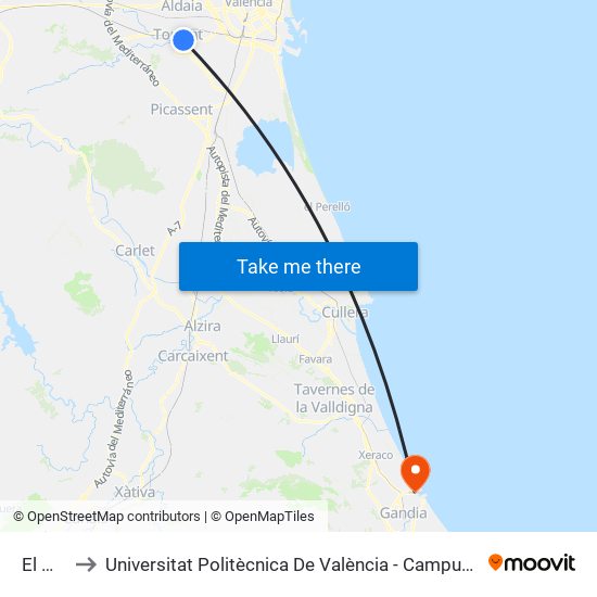 El Molí to Universitat Politècnica De València - Campus De Gandia map