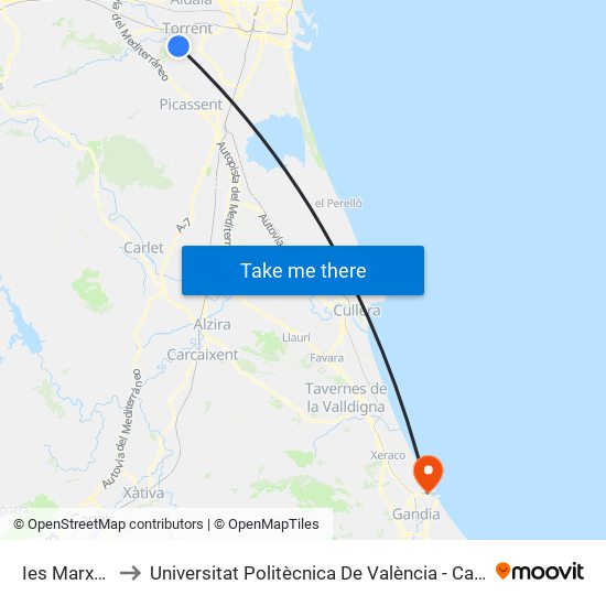 Ies Marxadella to Universitat Politècnica De València - Campus De Gandia map