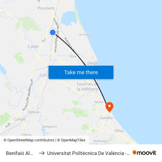 Benifaió Almussafes to Universitat Politècnica De València - Campus De Gandia map