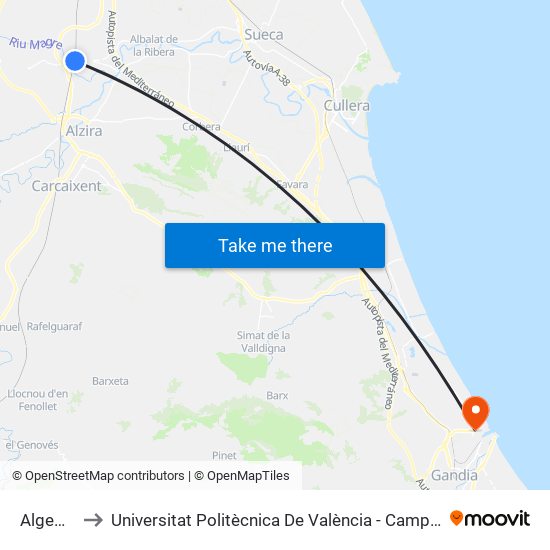 Algemesí to Universitat Politècnica De València - Campus De Gandia map