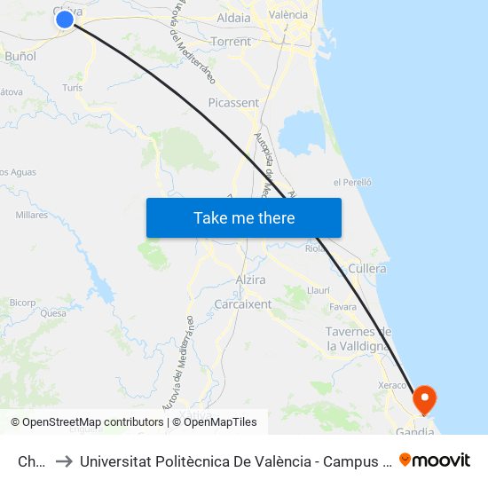 Chiva to Universitat Politècnica De València - Campus De Gandia map