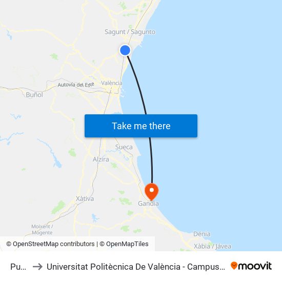Puçol to Universitat Politècnica De València - Campus De Gandia map