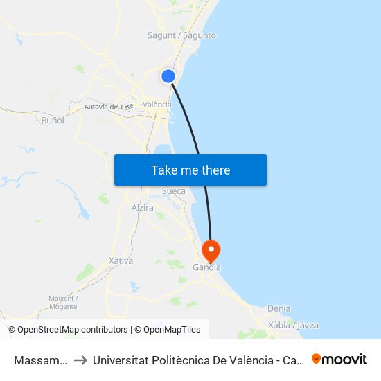 Massamagrell to Universitat Politècnica De València - Campus De Gandia map