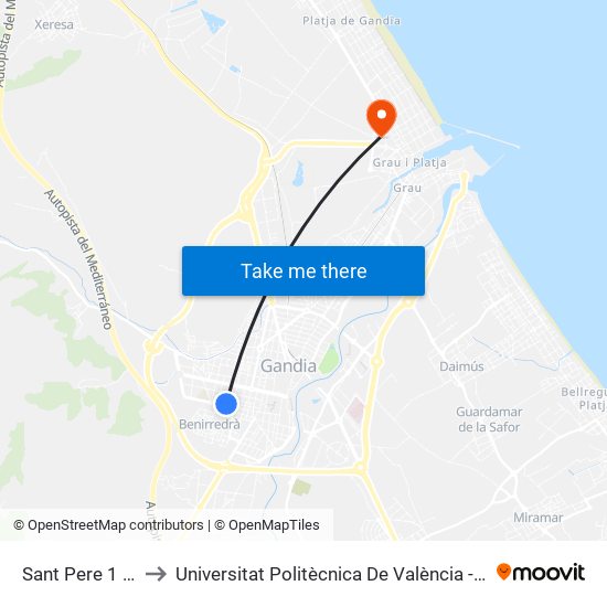 Sant Pere 1 [Gandia] to Universitat Politècnica De València - Campus De Gandia map