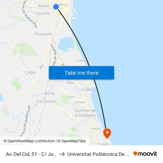 Av. Del Cid, 51 - C/ Josep Maestre [València] to Universitat Politècnica De València - Campus De Gandia map