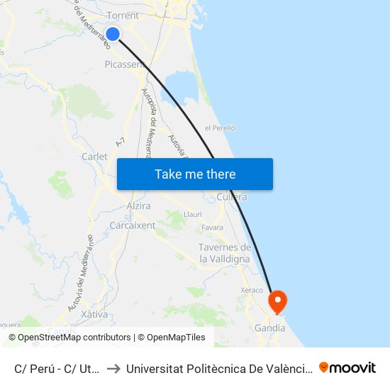 C/ Perú - C/ Utiel [Torrent] to Universitat Politècnica De València - Campus De Gandia map