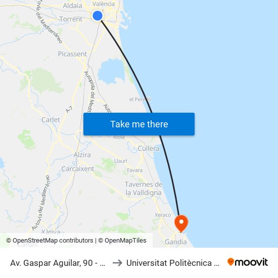 Av. Gaspar Aguilar, 90 - Hospital Doctor Peset [València] to Universitat Politècnica De València - Campus De Gandia map